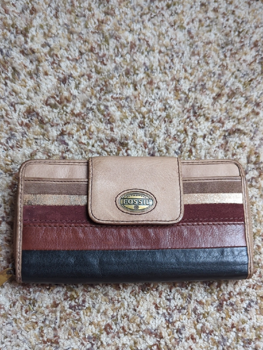 Fossil Striped Leather Wallet in Cream, Brown, Burgundy & Black